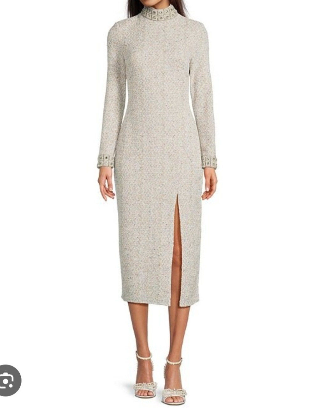 Pearl-Embellished High-Neck Midi Dress in Light Beige